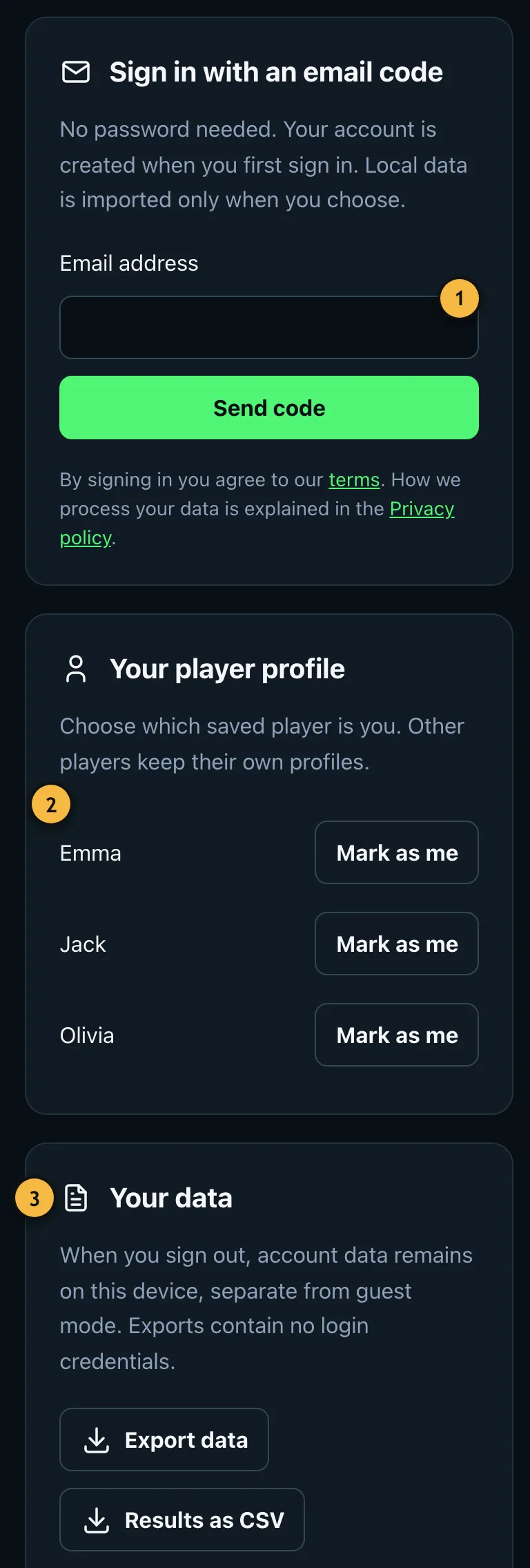 The "Back up & sync data" page with email sign-in, player profile and data export