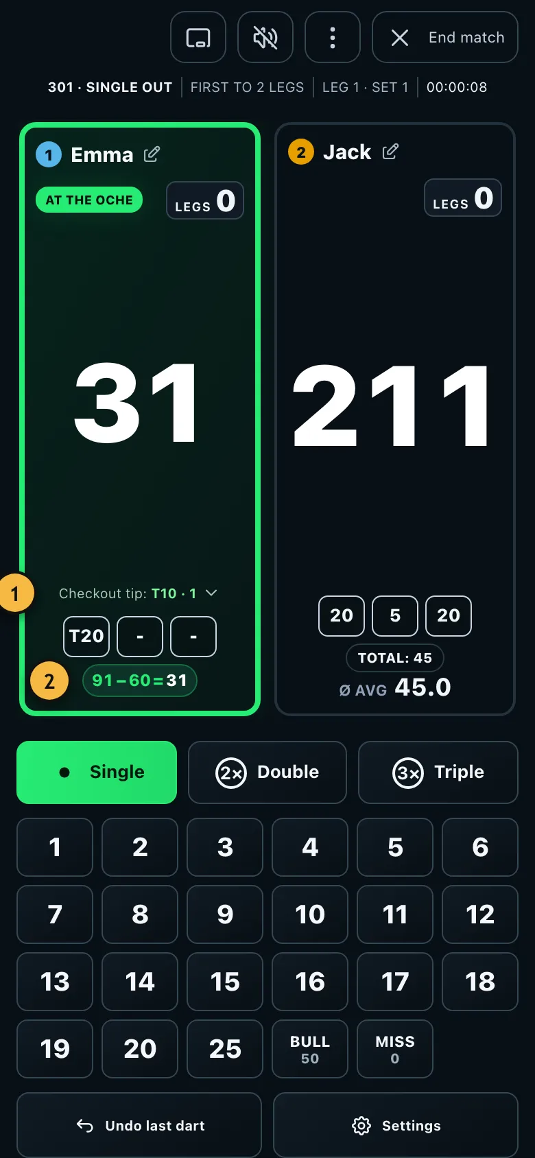 A game in beginner mode with big numbers, a checkout tip and the calculation aid