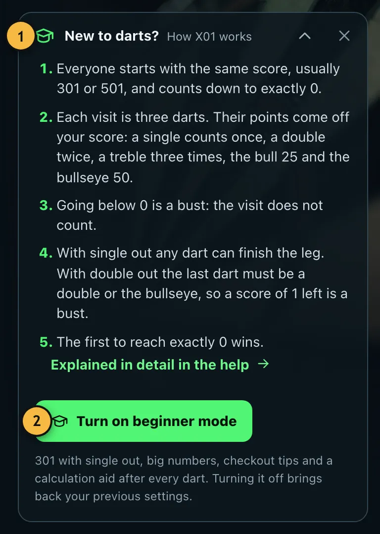 The expanded "New to darts?" hint with the X01 rules and the button to turn on beginner mode