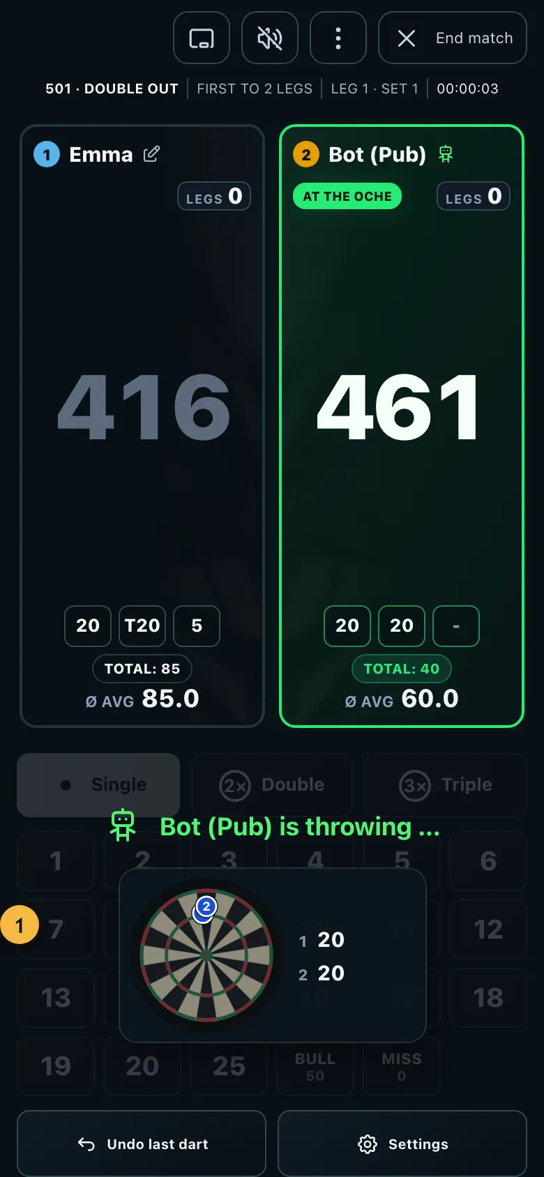 A running game against a bot with a small board showing its darts