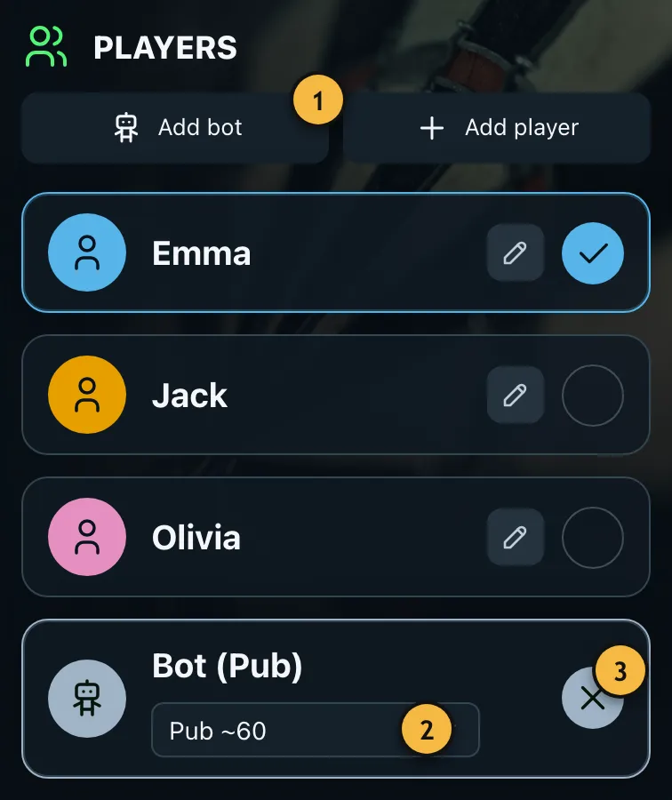 Player selection with Emma and a bot at pub level