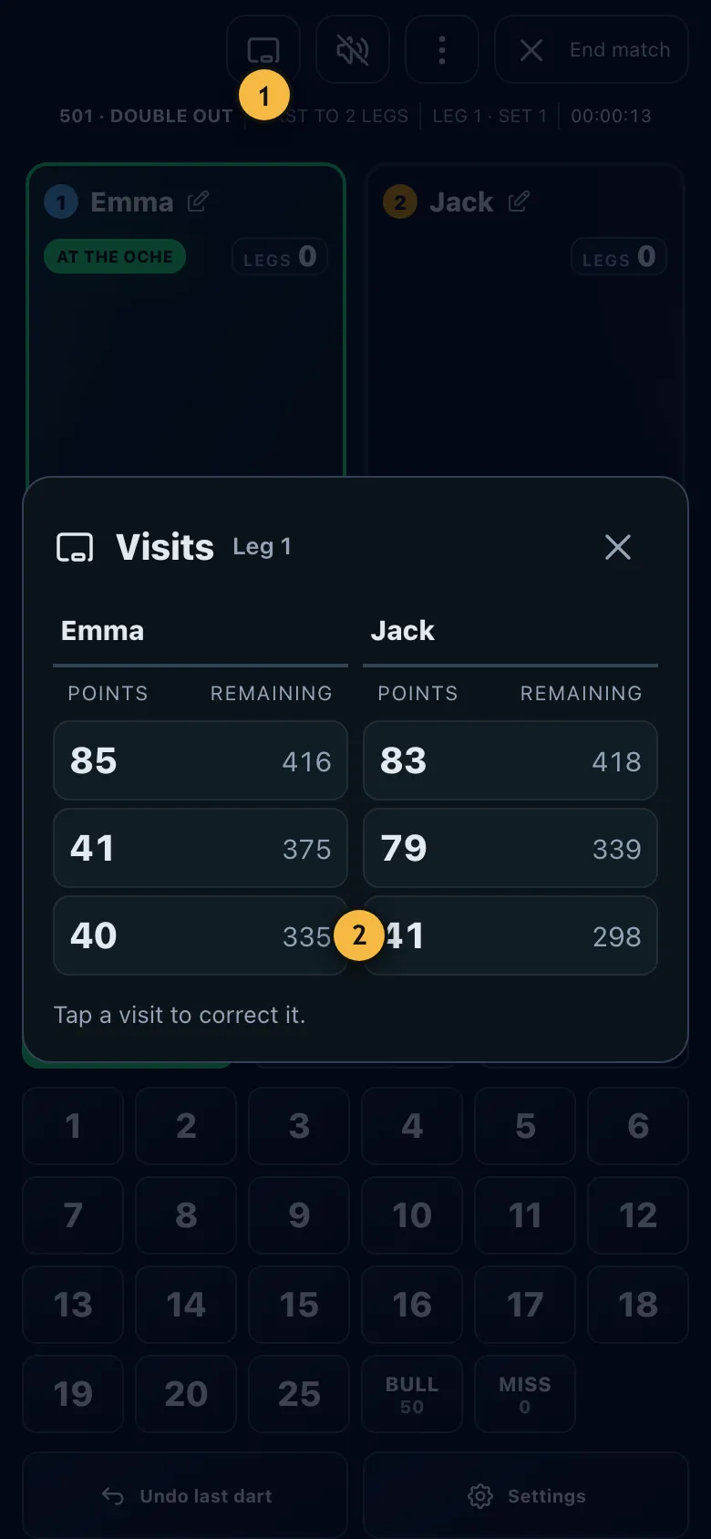 List of all visits in the leg with points and score left, like a chalkboard