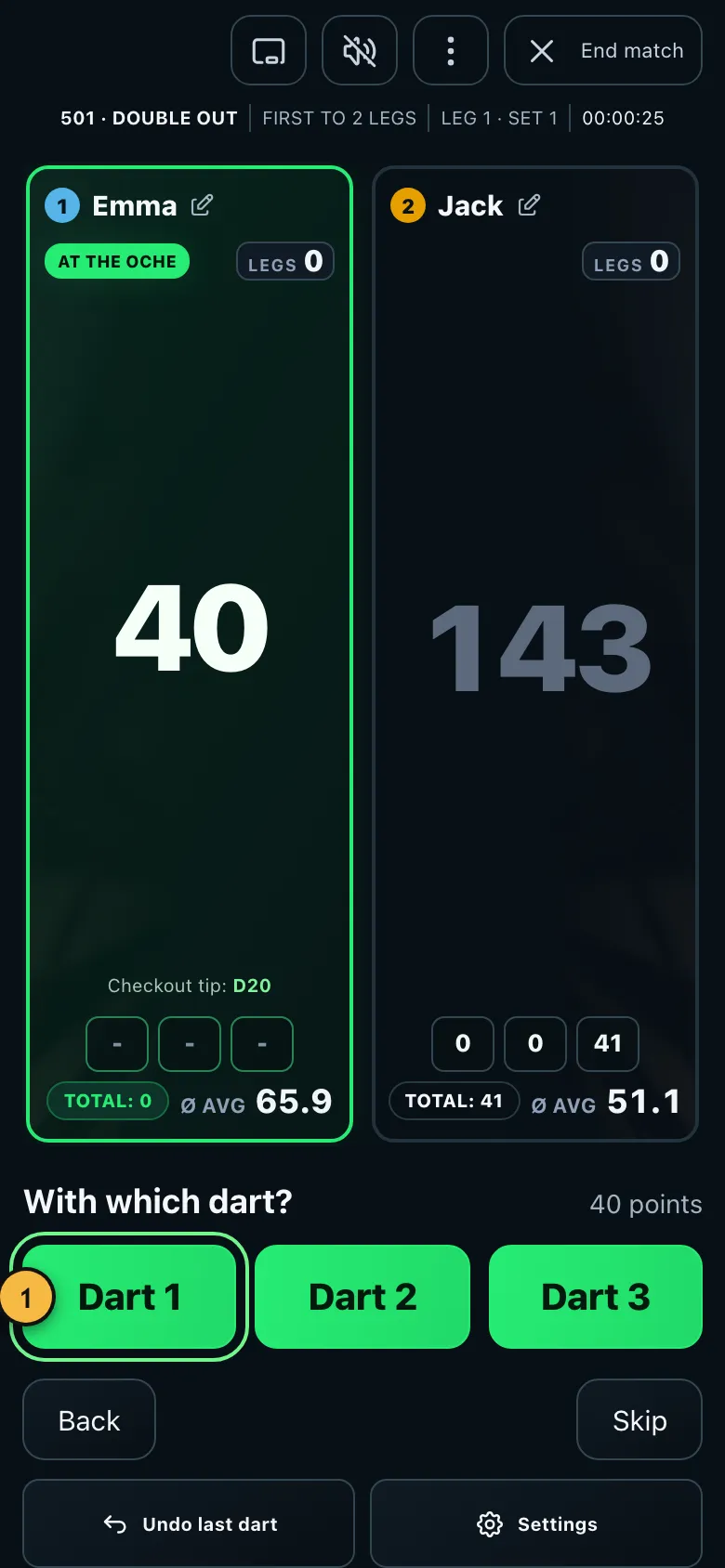 Question after a checkout: with which dart did you finish?