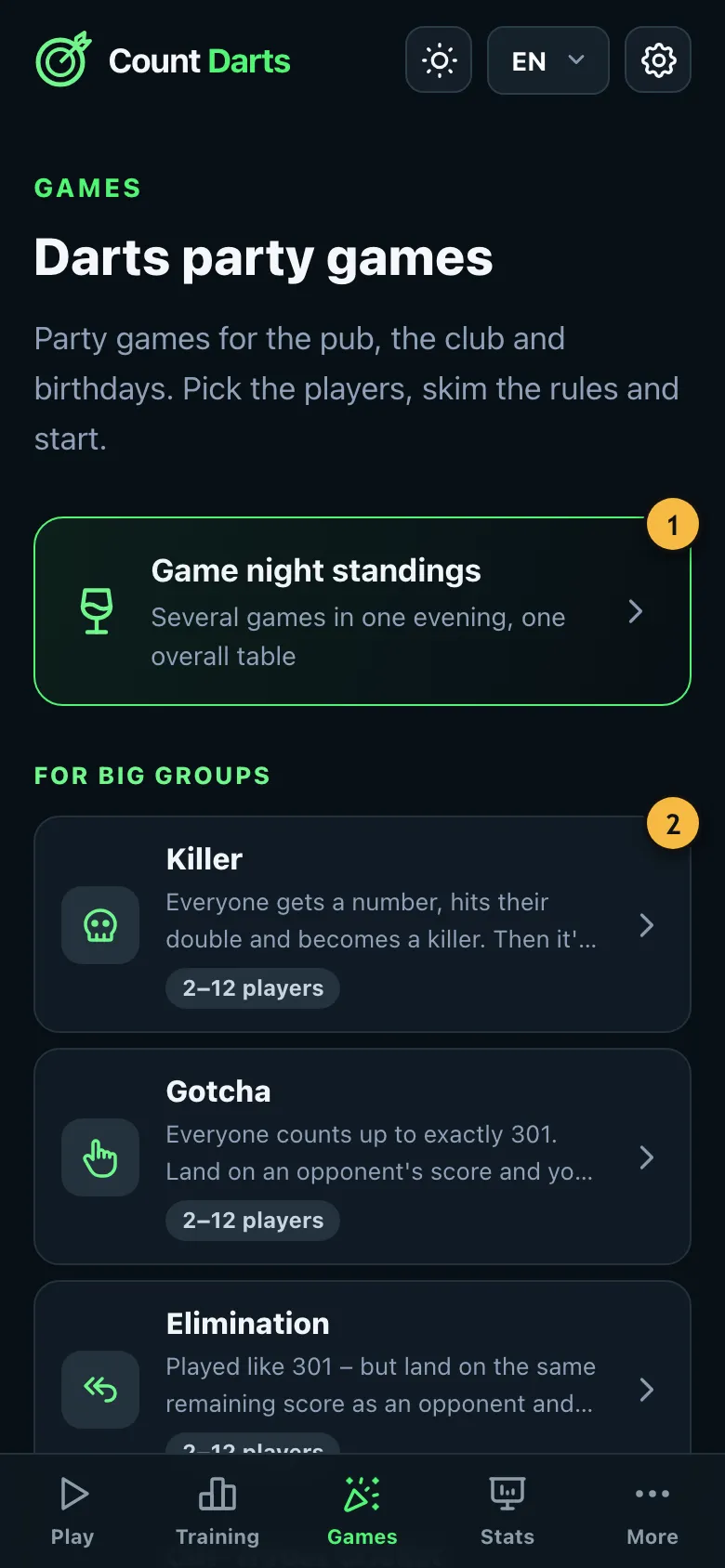 Overview of the party games, grouped by the kind of group