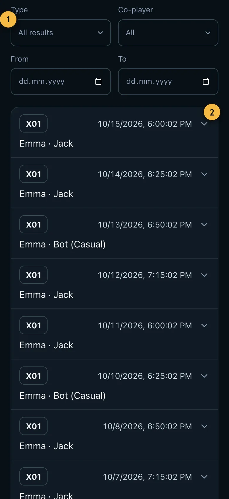 History of finished matches and practice sessions