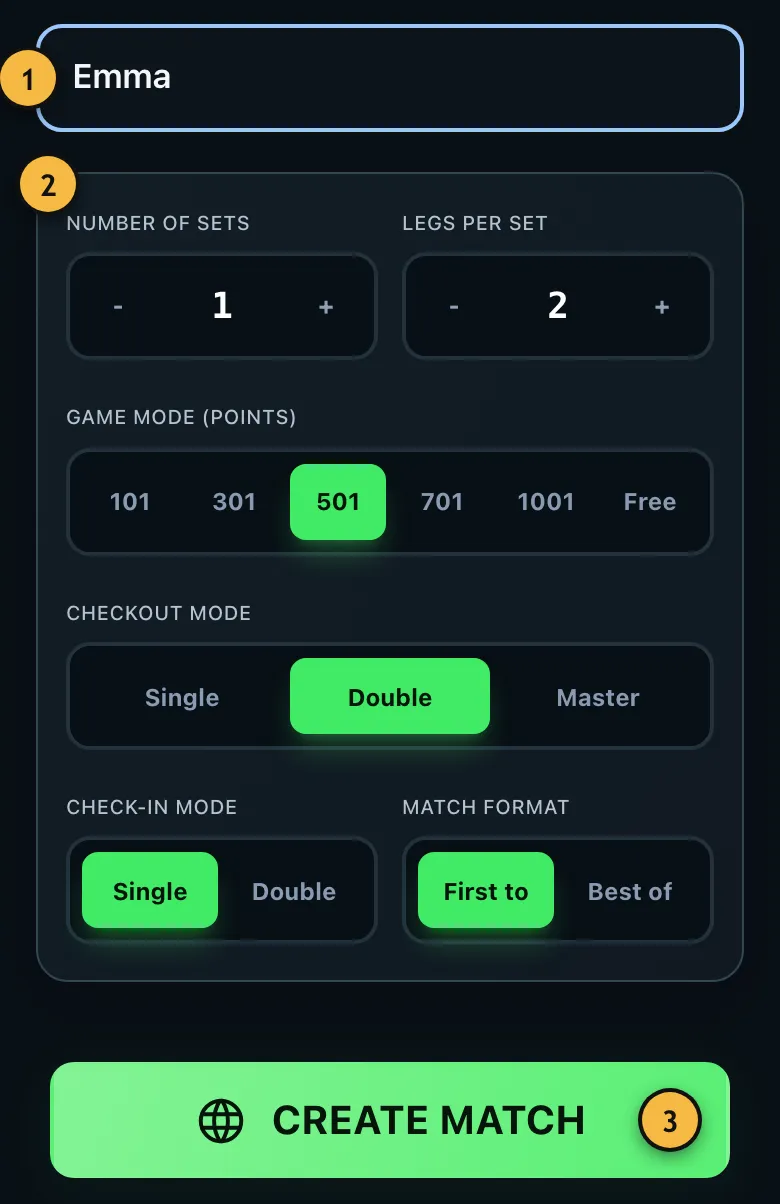 The "Play online" page with name field, match settings and the "Create match" button