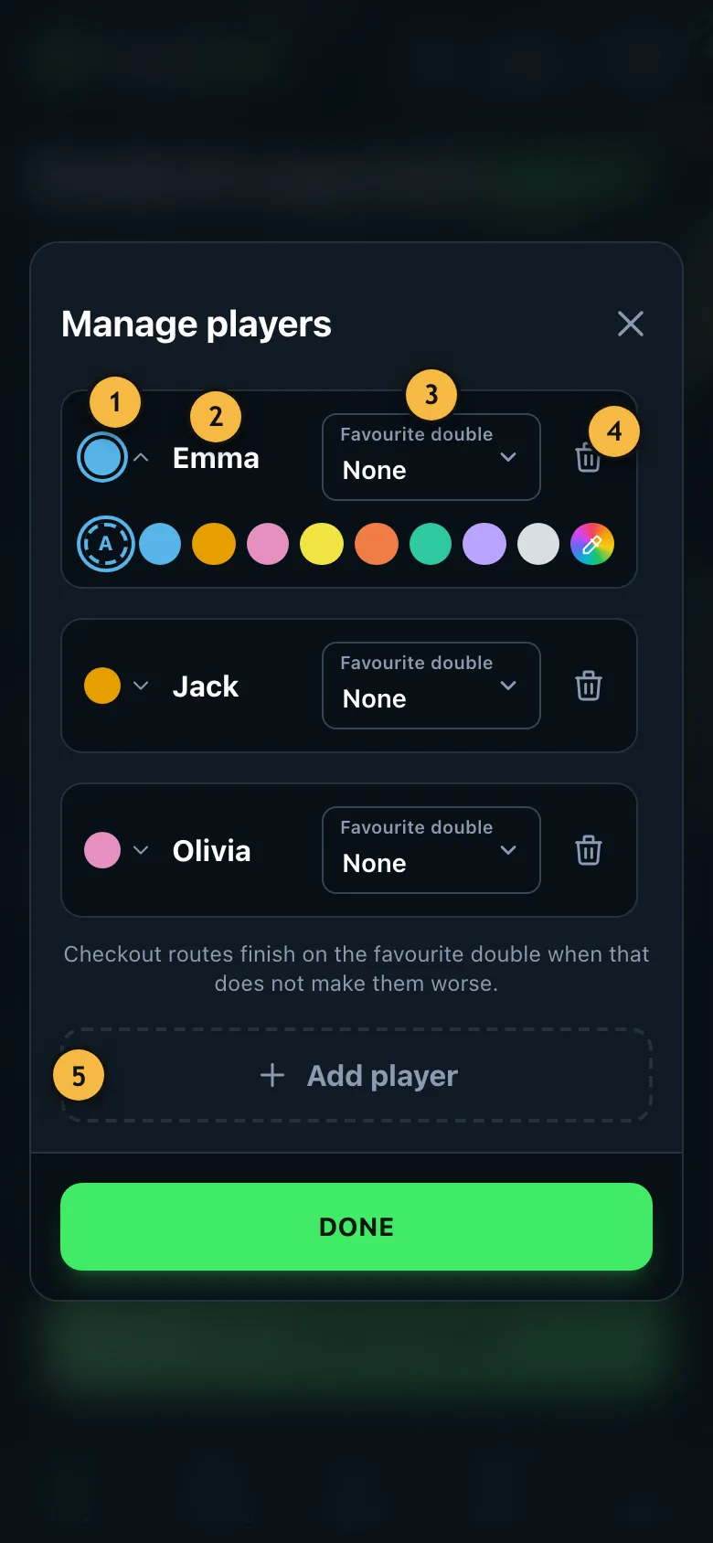 Dialog for editing the player list with the names Emma, Jack and Olivia