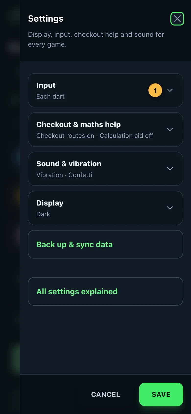Settings with the sections input, checkout and maths help, bot, sound and vibration, and display