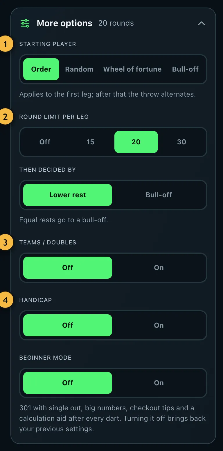 The expanded more options with starting player, round limit, teams, handicap and beginner mode