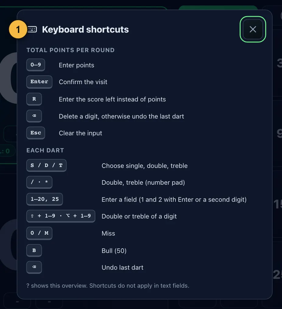 Overview of the keyboard shortcuts for entering darts on a PC