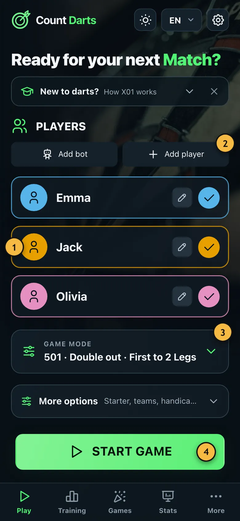 Home page with three players, the match settings and the "Start game" button
