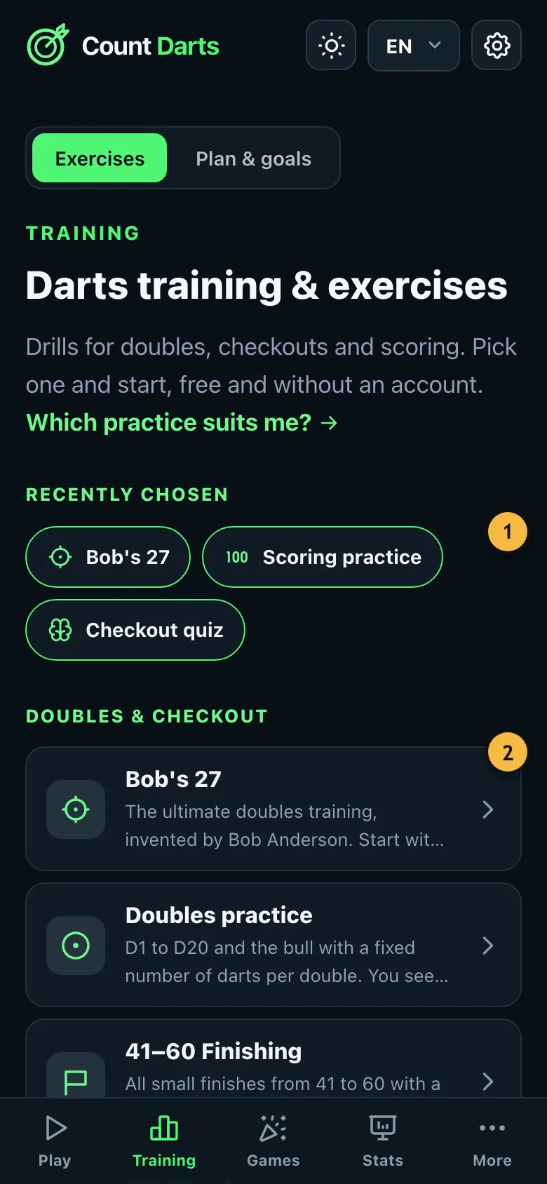 Training overview with the groups doubles and checkout and learning checkout routes