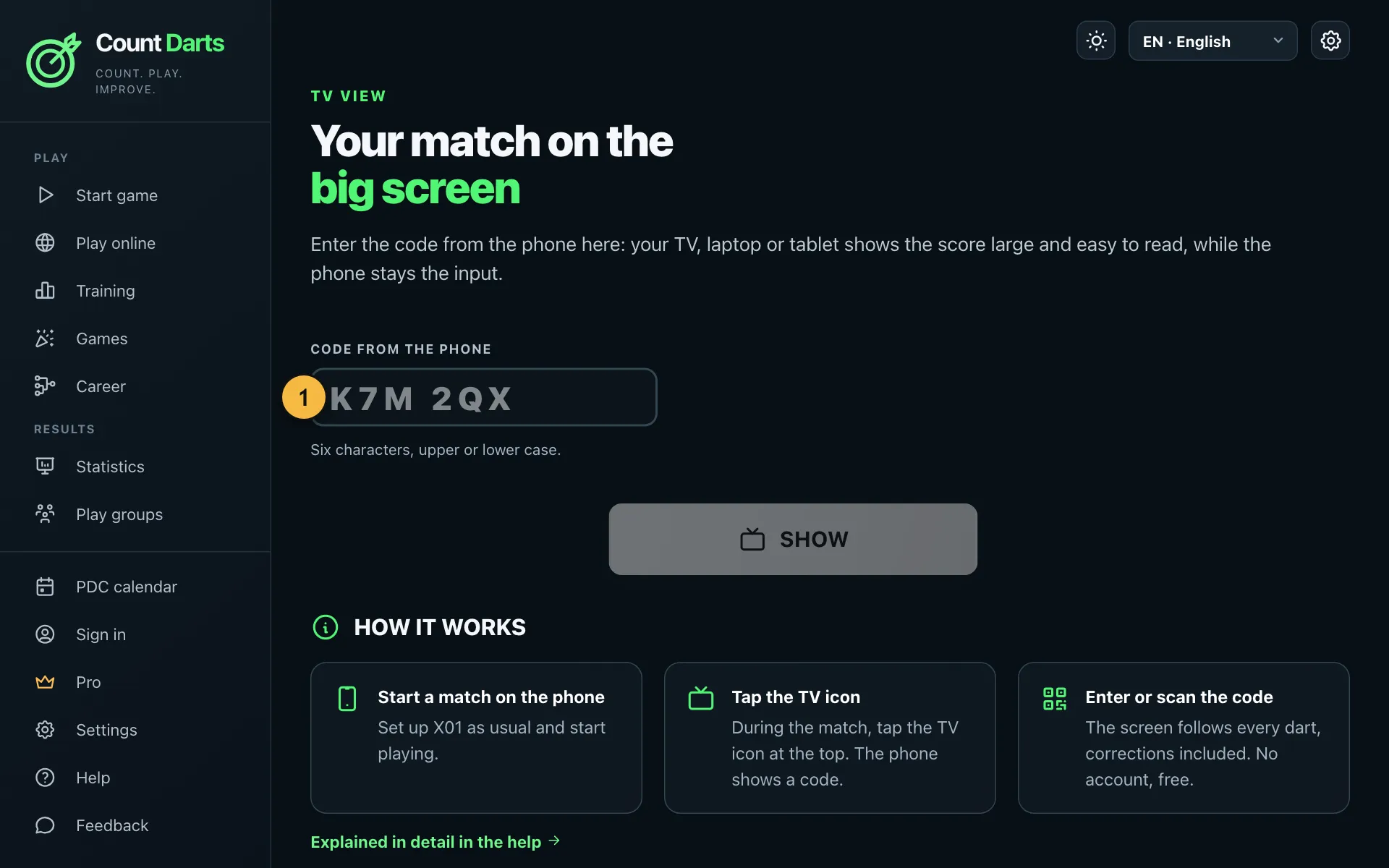 The TV view page with the field for the code from the phone