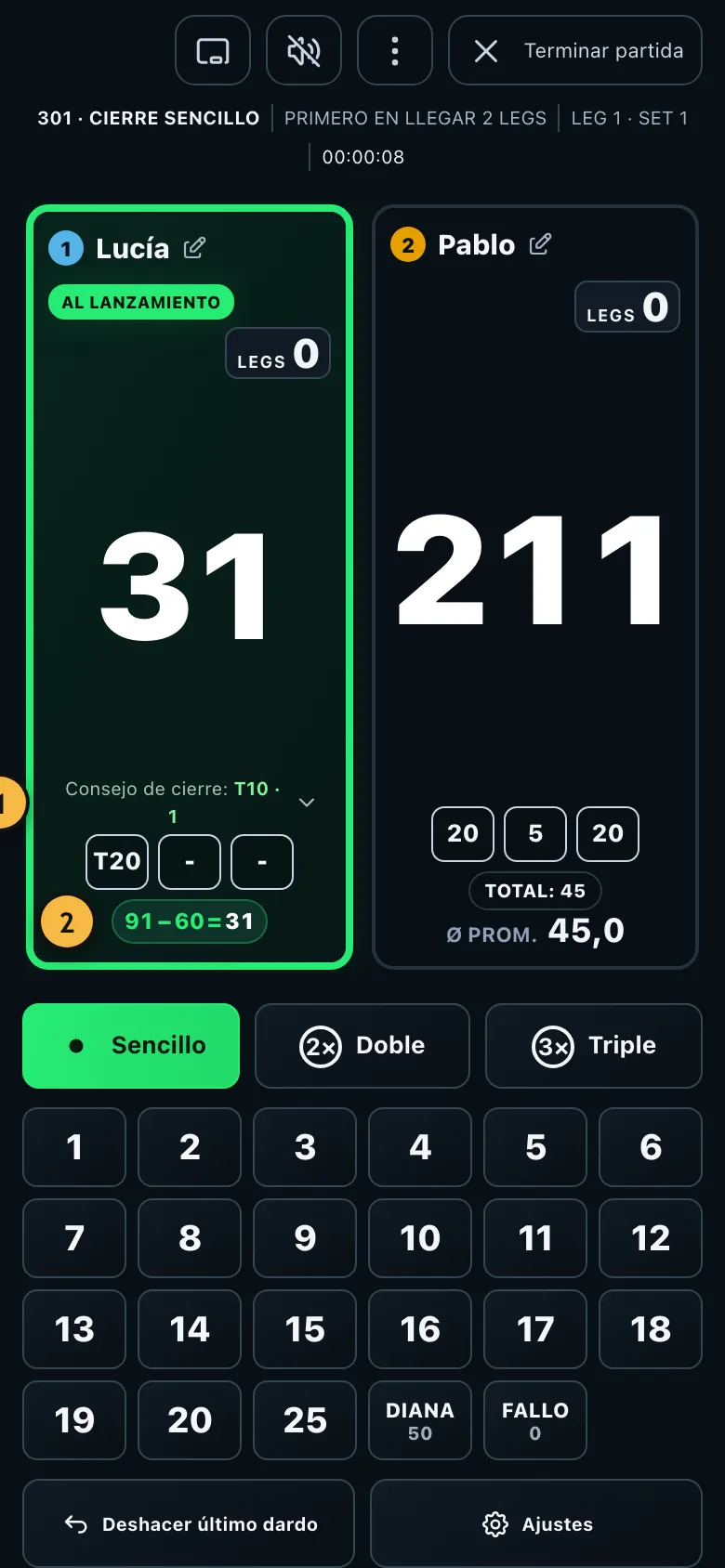 Partida en modo principiante con números grandes, consejo de cierre y ayuda de cálculo
