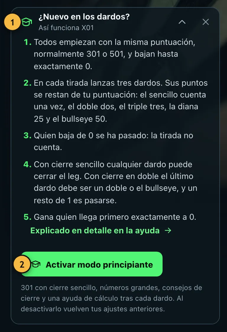 Aviso «¿Nuevo en los dardos?» desplegado con las reglas de X01 y el botón para activar el modo