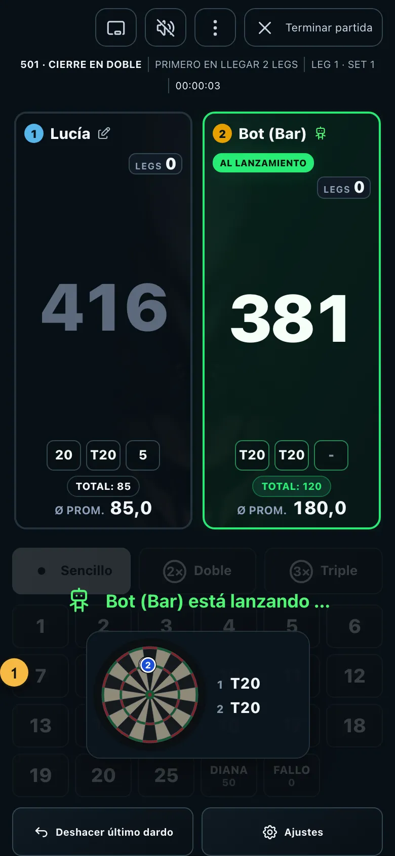 Partida en curso contra un bot con una pequeña diana que muestra sus dardos
