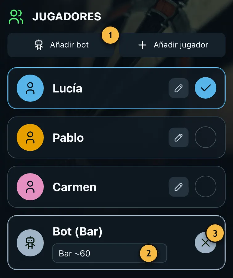 Selección de jugadores con Lucía y un bot de nivel Bar