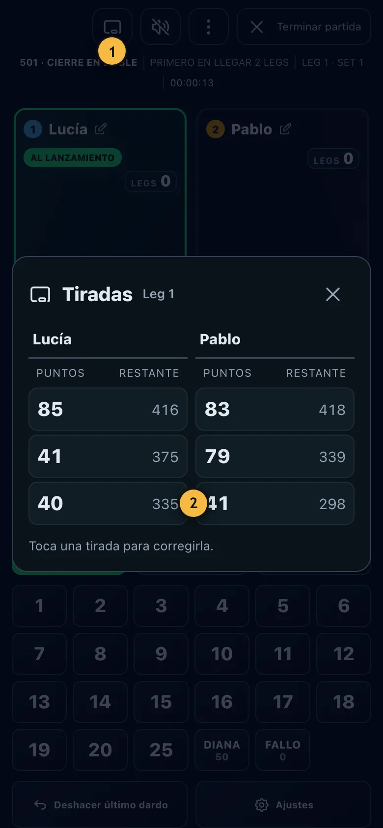 Lista de todas las tiradas del leg con puntos y resto, como una pizarra