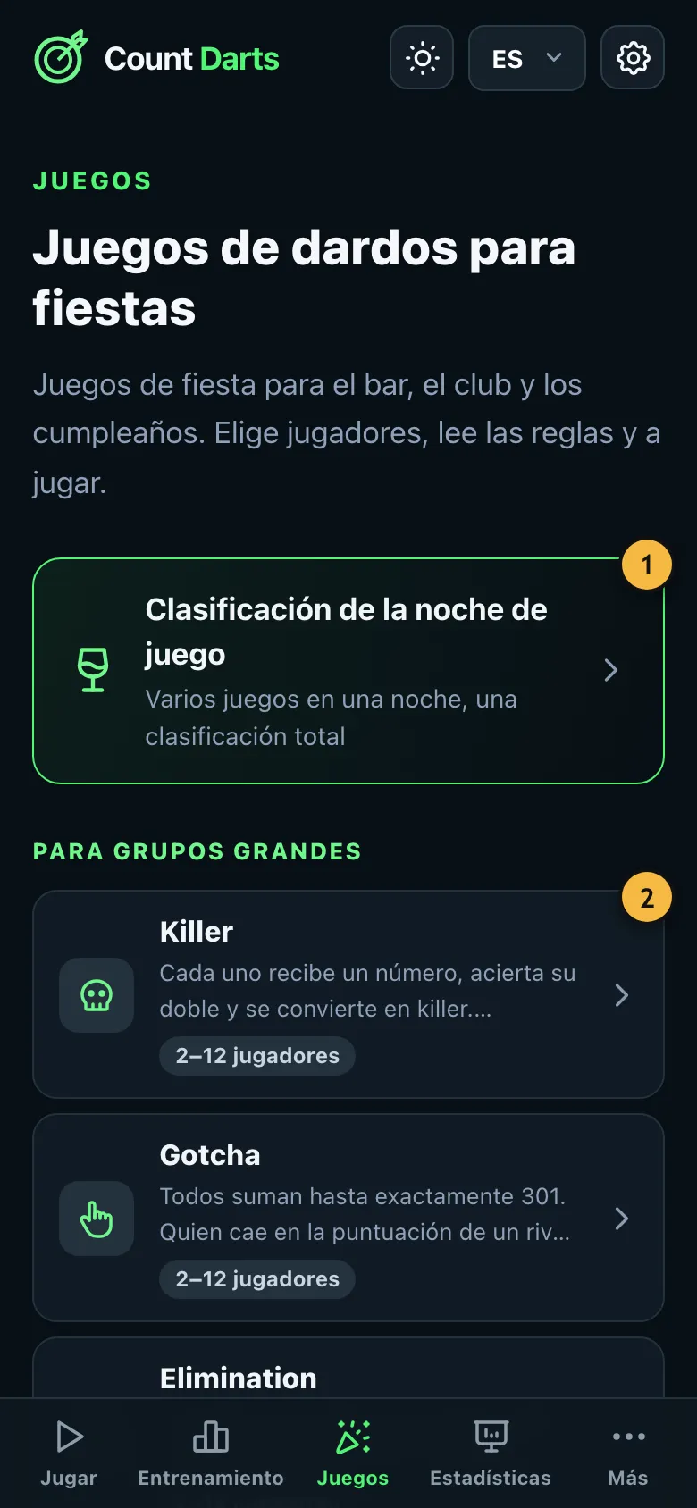 Resumen de los juegos de fiesta, agrupados por tipo de grupo
