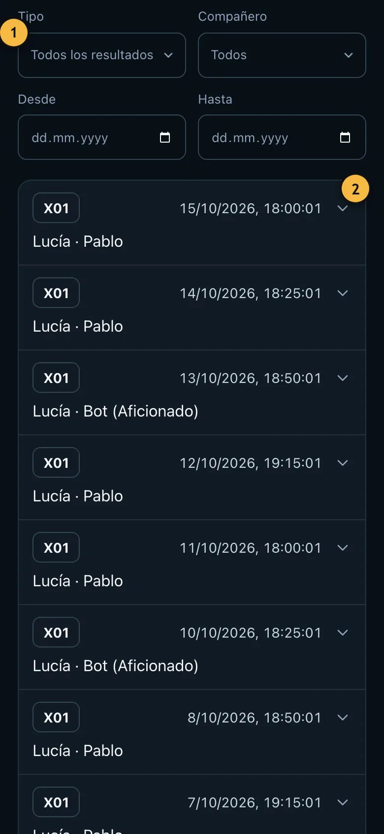 Historial con partidas y entrenamientos terminados