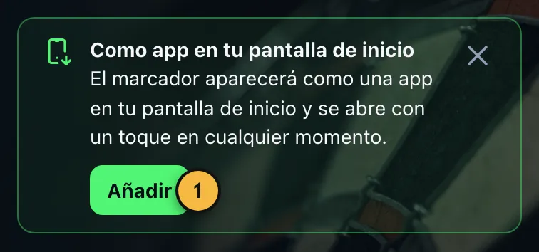 Aviso «Como app en tu pantalla de inicio» con el botón «Añadir»