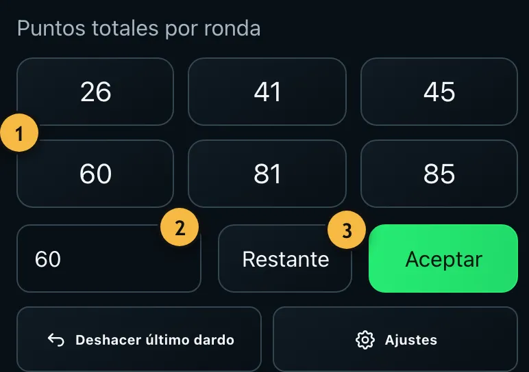 Anotar el total de la tirada con campo de entrada y seis valores rápidos