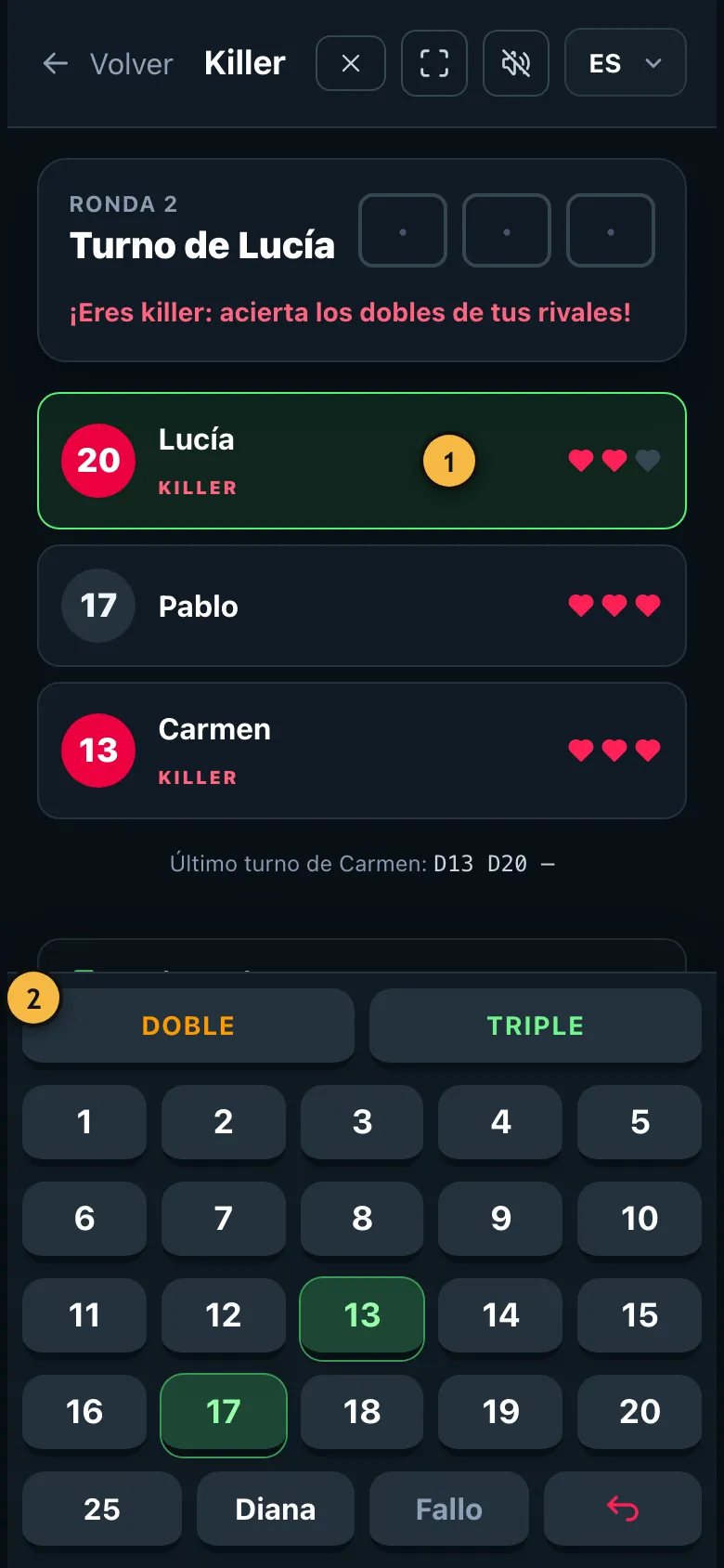 Partida de Killer en curso con los números y las vidas de los jugadores