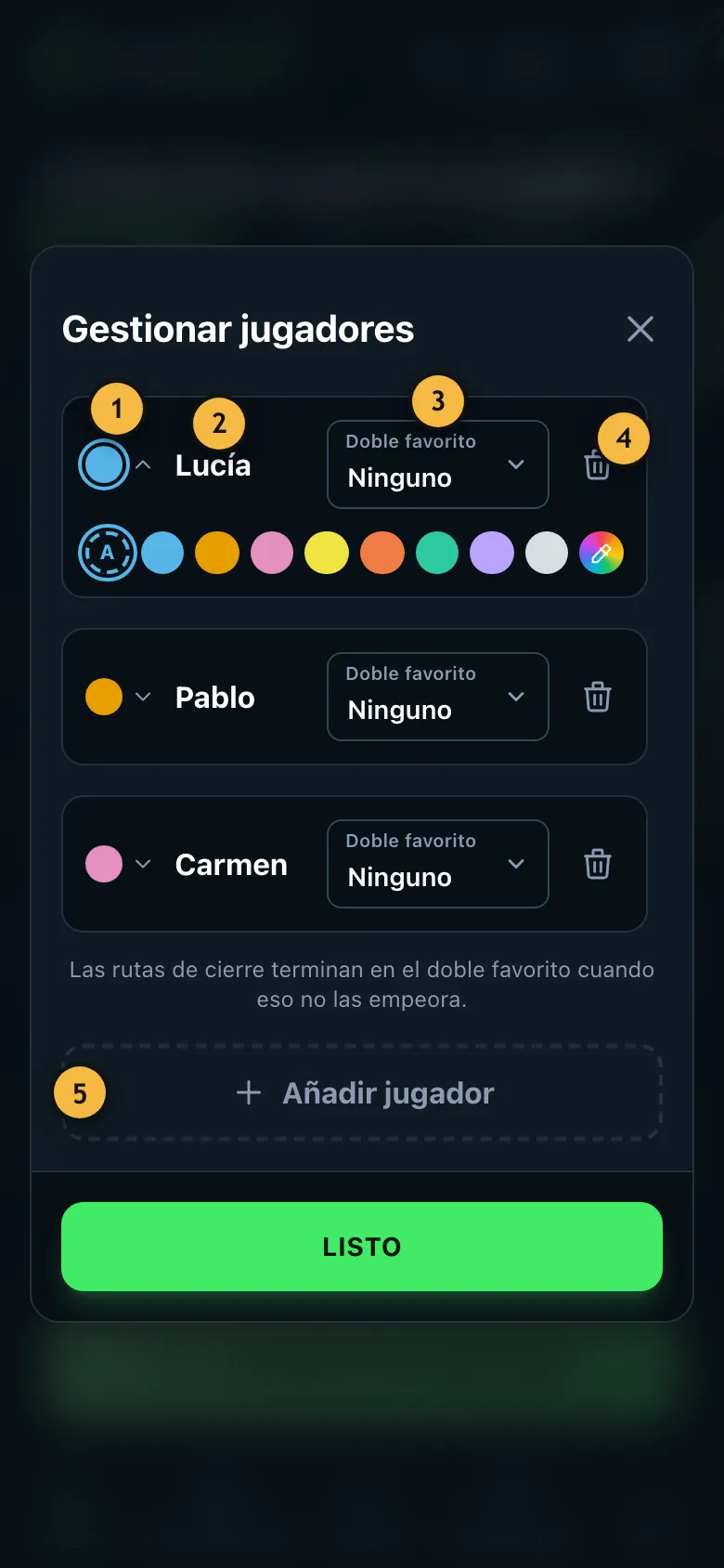 Diálogo para editar la lista de jugadores con los nombres Lucía, Pablo y Carmen