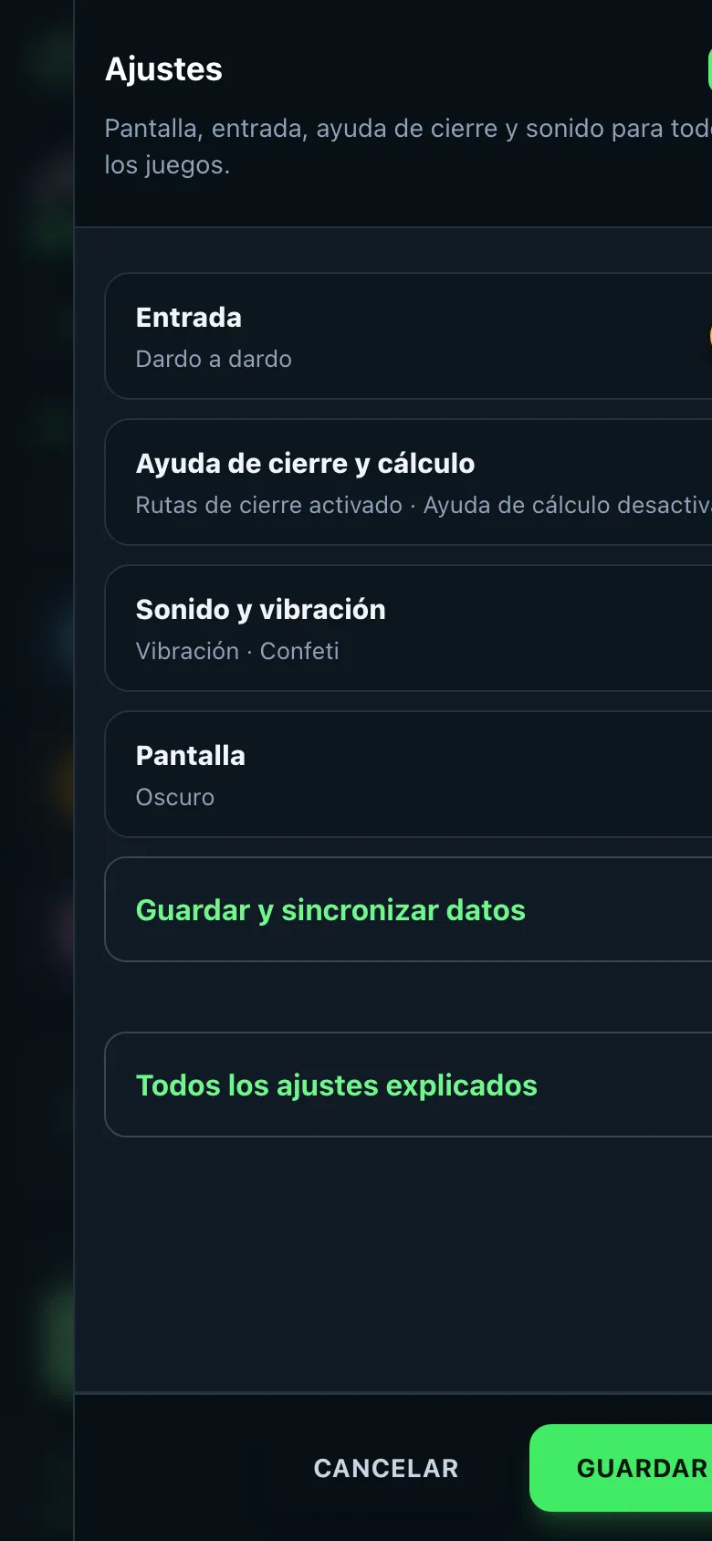 Ajustes con las secciones entrada, ayuda de cierre y cálculo, bot, sonido y vibración, y pantalla