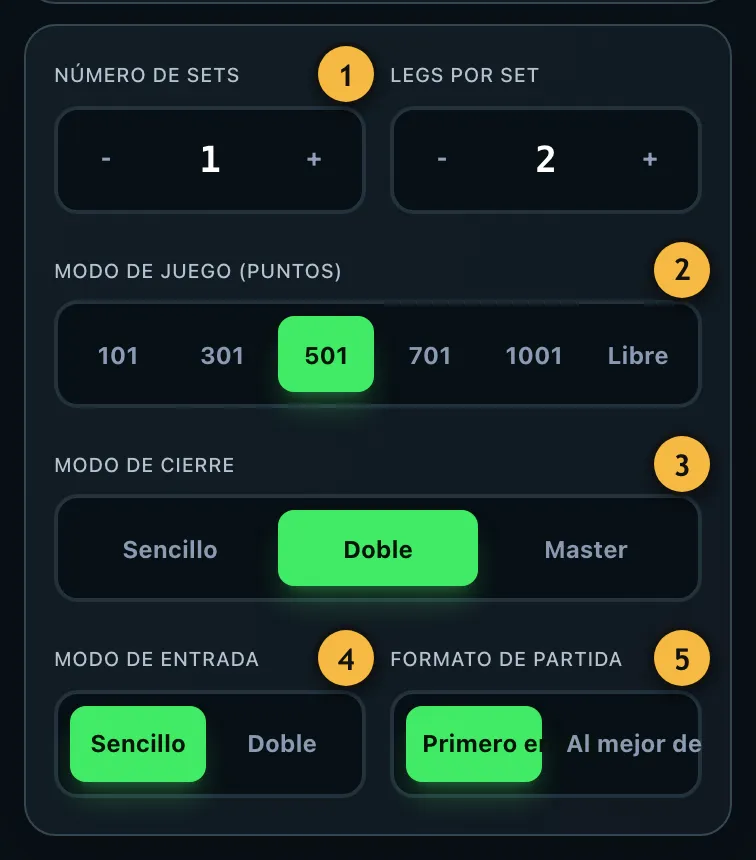 Ajustes de la partida desplegados con sets, legs, puntuación inicial, modo de cierre y de entrada
