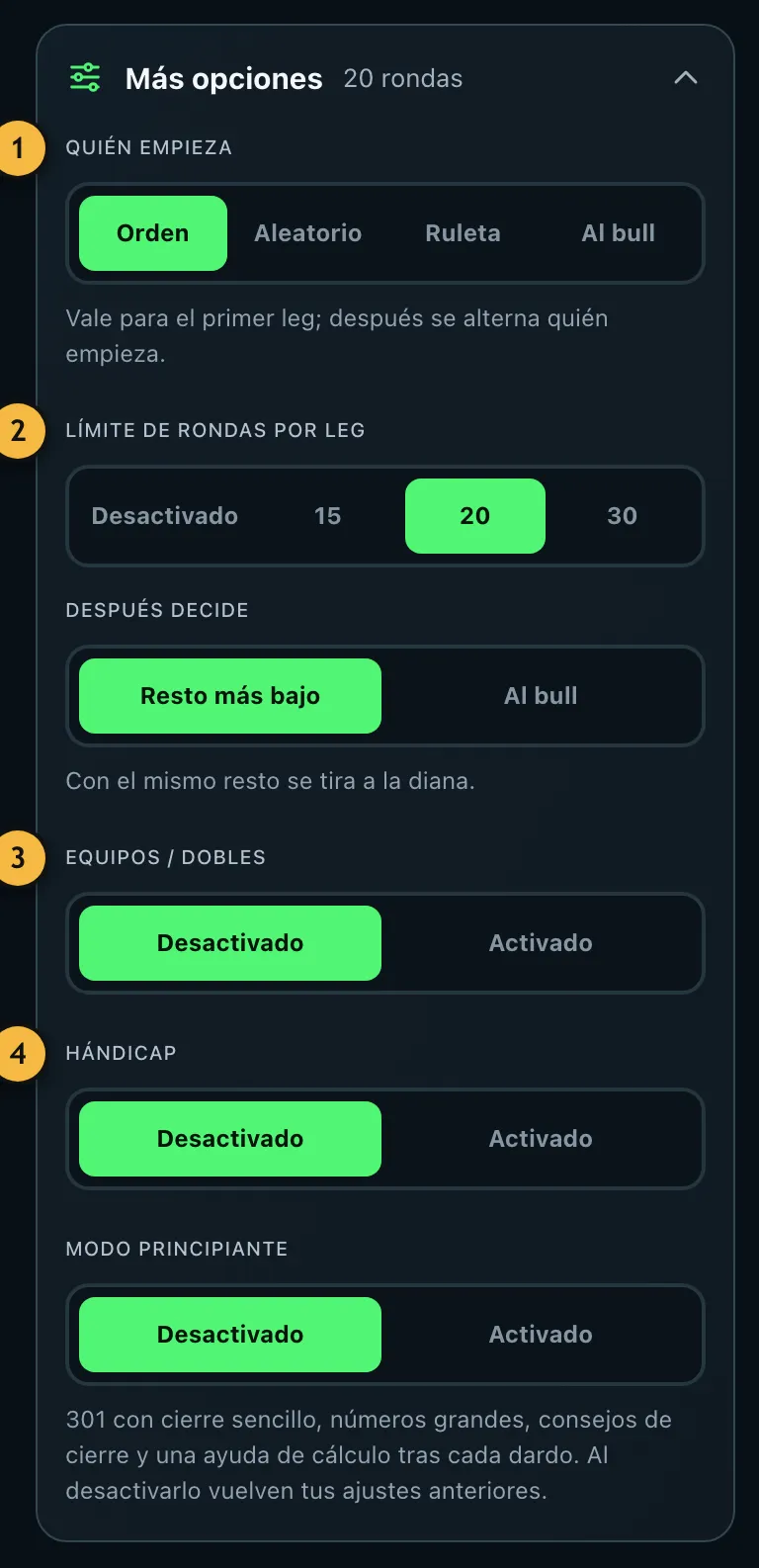 Más opciones desplegadas con quién empieza, límite de rondas, equipos, hándicap y modo principiante