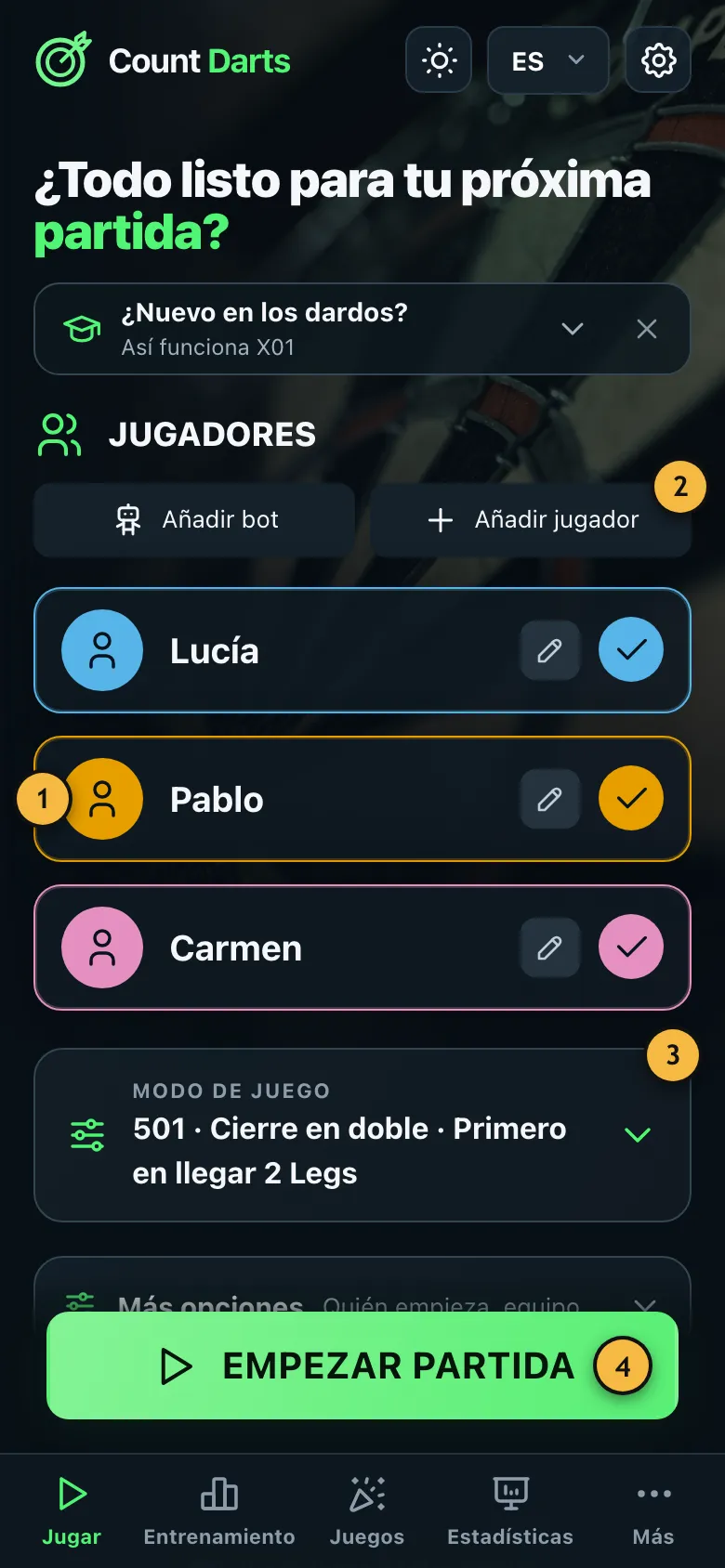 Página de inicio con tres jugadores, los ajustes de la partida y el botón «Empezar partida»