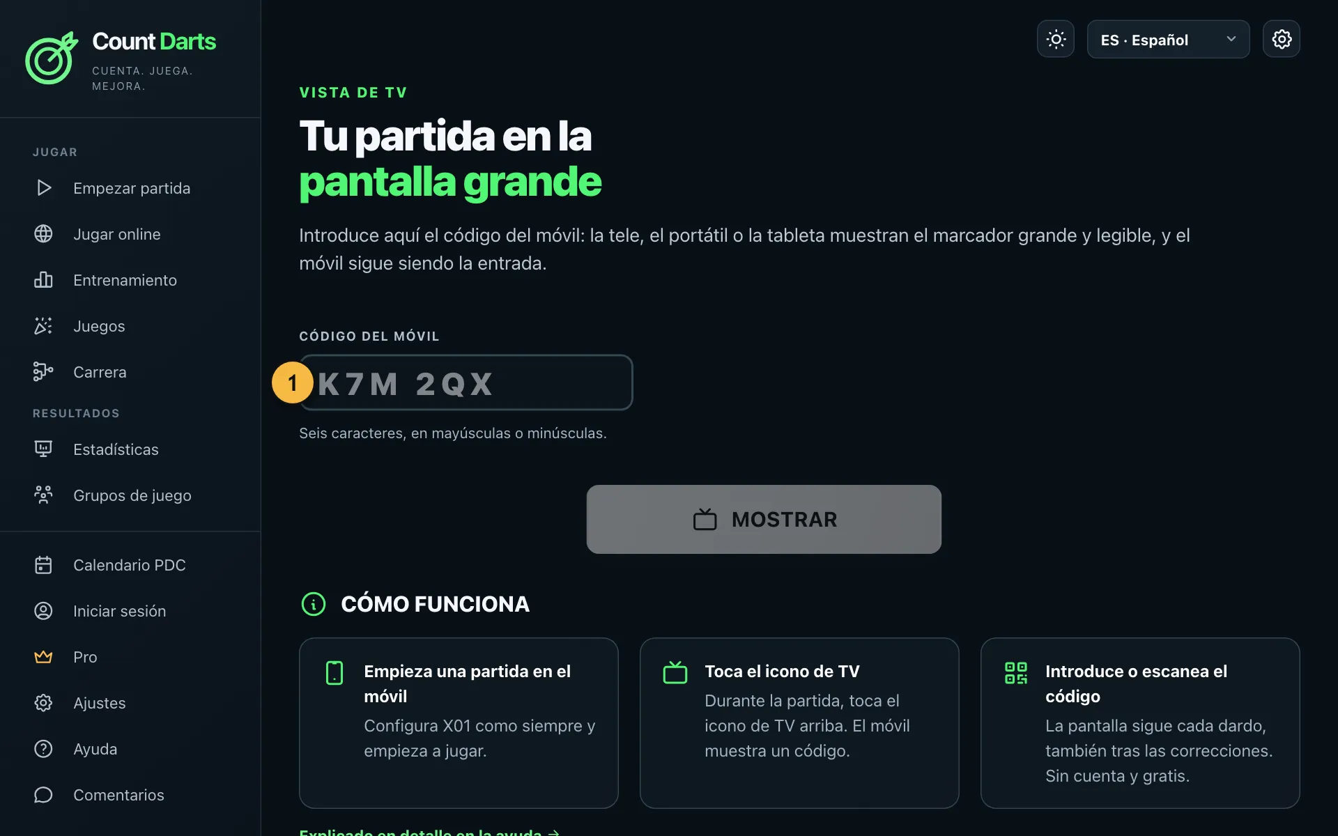 Página de la vista de TV con el campo para el código del móvil