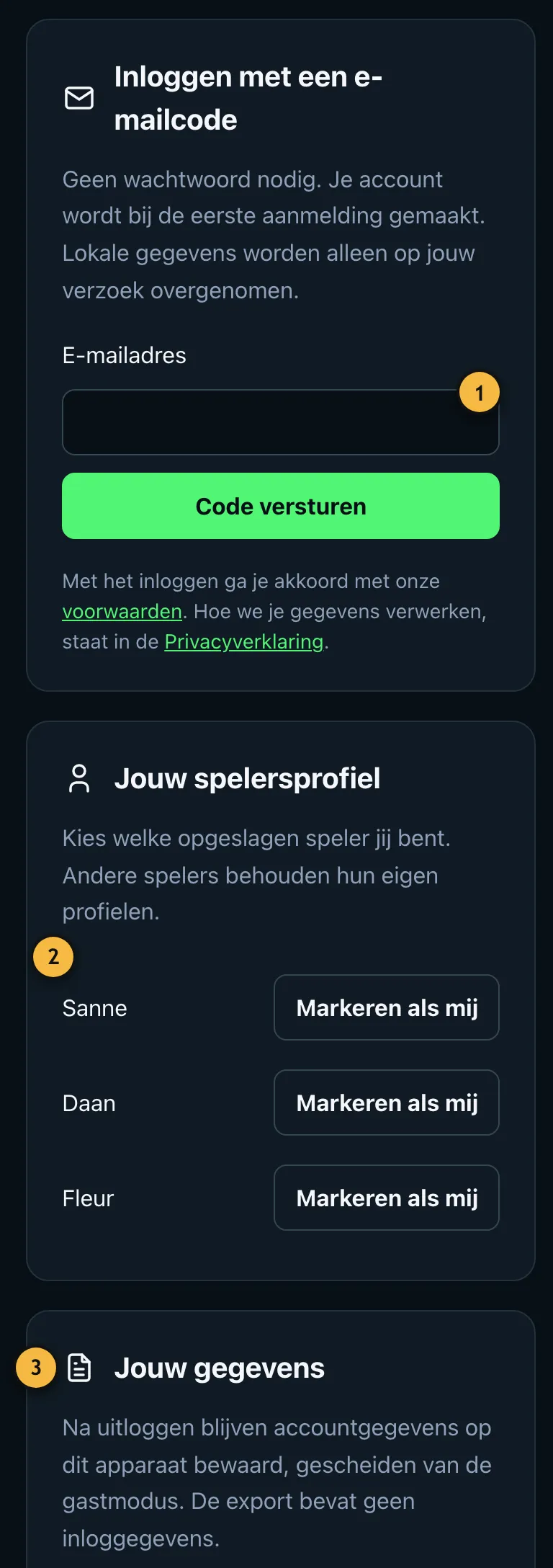Pagina 'Gegevens bewaren en synchroniseren' met inloggen per e-mail, spelersprofiel en gegevensexport