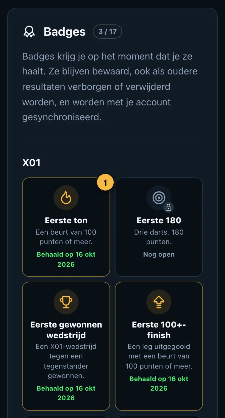 Badges zoals Eerste ton en Eerste wedstrijdwinst: behaalde in kleur, open met een slotje