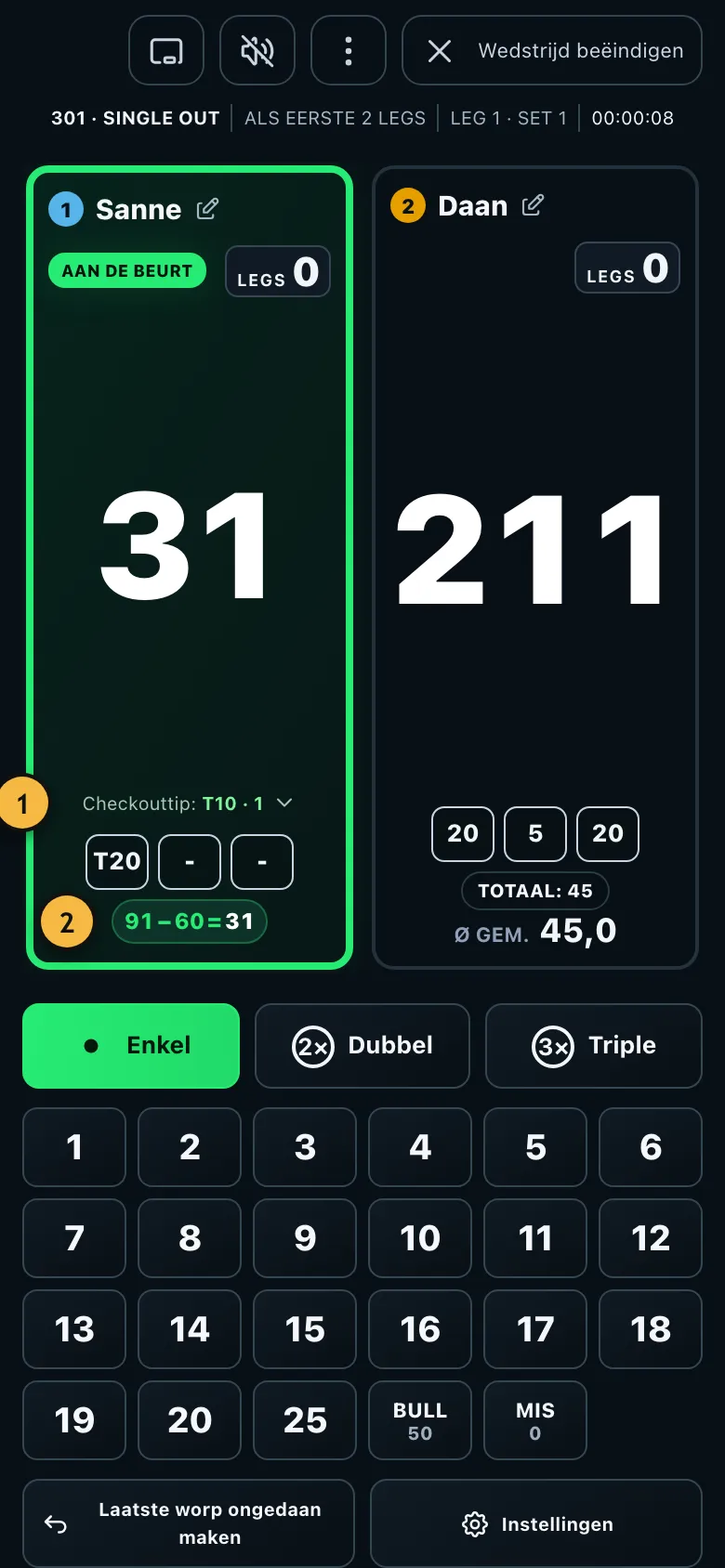 Spel in de beginnersmodus met grote cijfers, checkouttip en rekenhulp