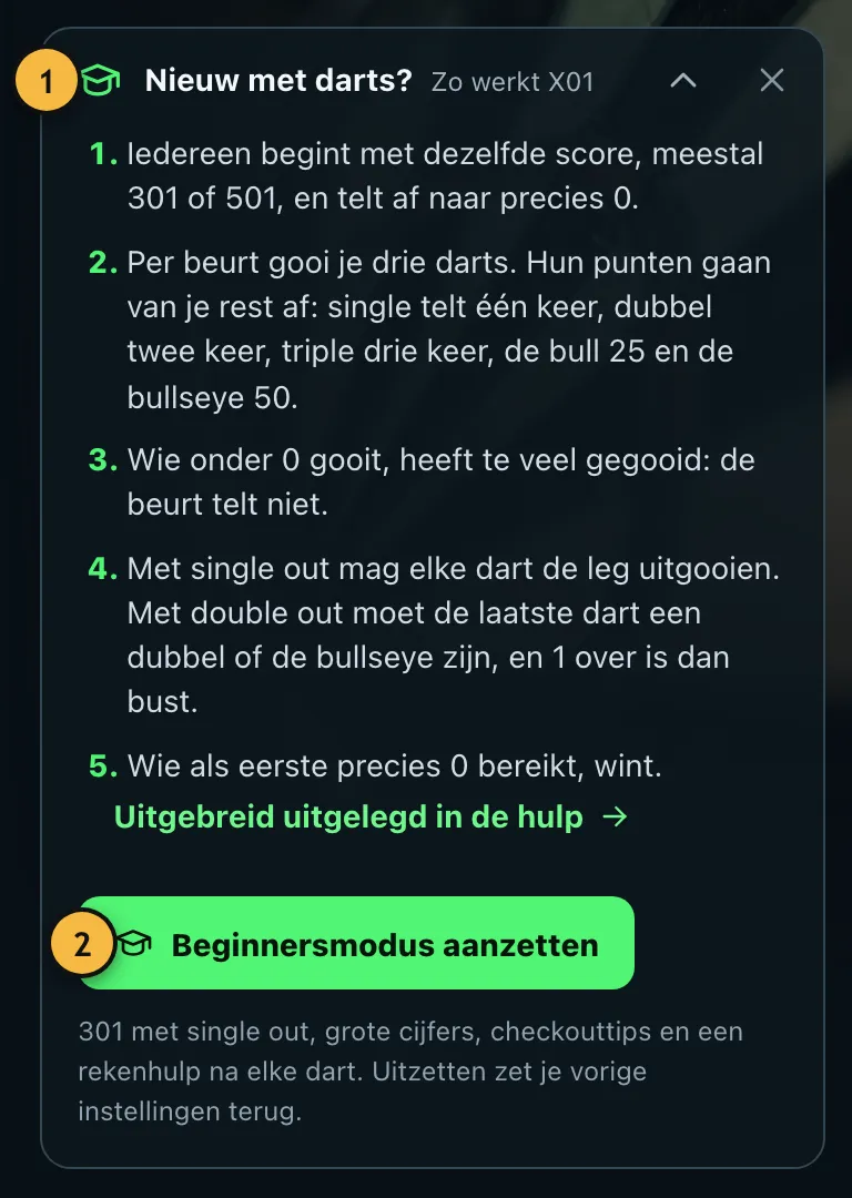Uitgeklapte hint 'Nieuw met darts?' met de X01-regels en de knop om de modus aan te zetten