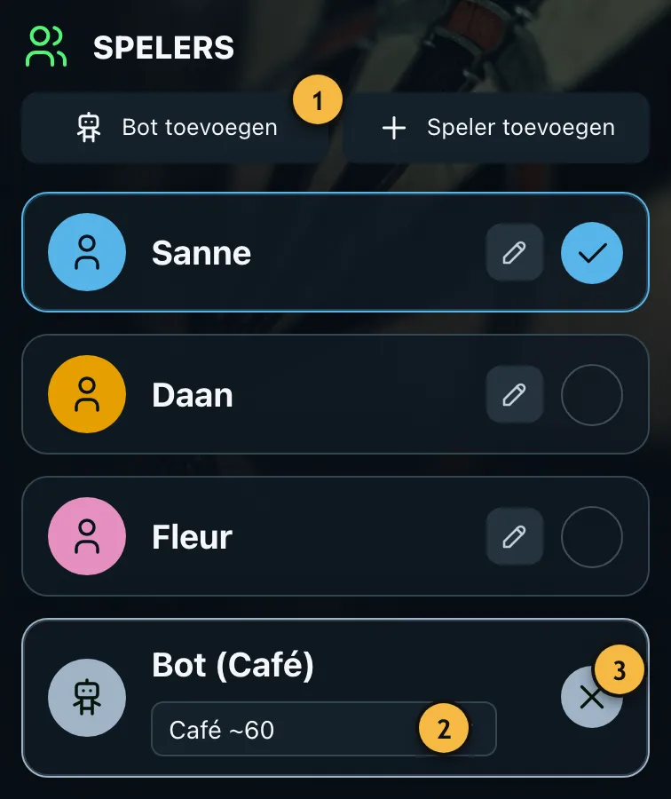 Spelerskeuze met Sanne en een bot van niveau Café