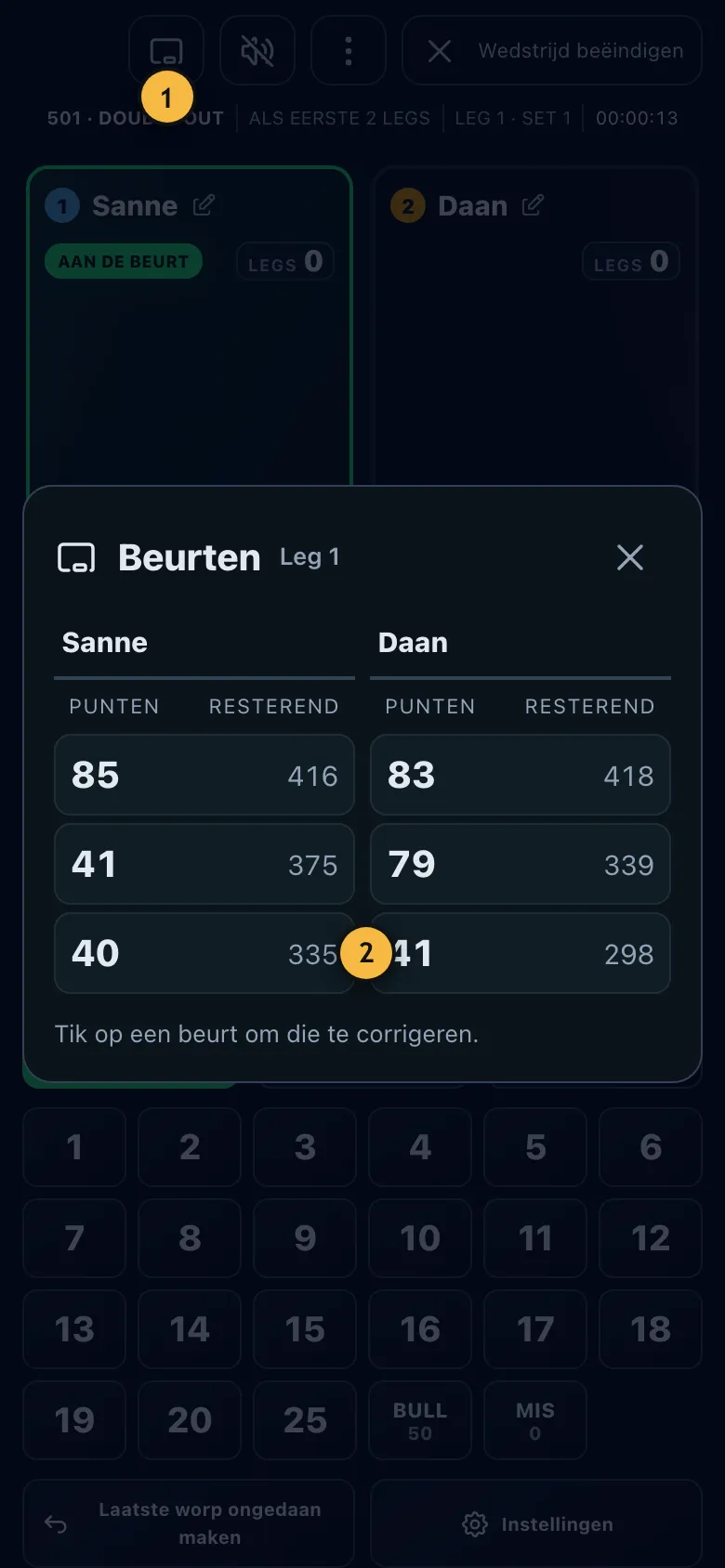 Lijst van alle beurten van de leg met punten en rest, zoals op een krijtbord