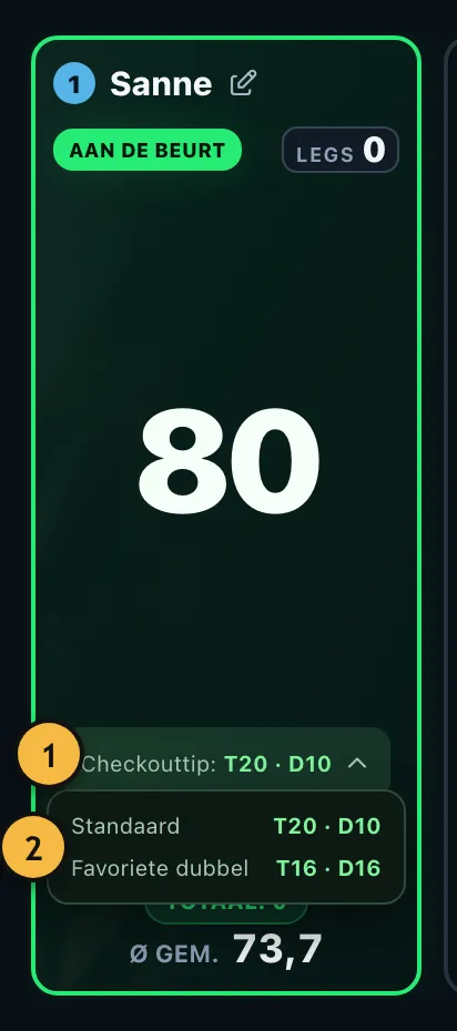 Spelerskaart met rest 80, de checkouttip T20, D10 en de uitgeklapte alternatieven