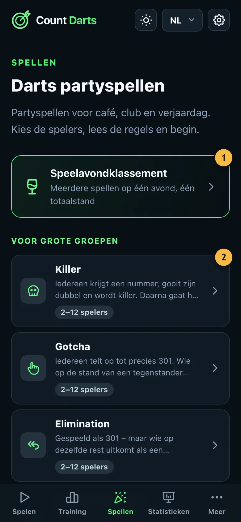 Overzicht van de partyspellen, gegroepeerd per soort groep
