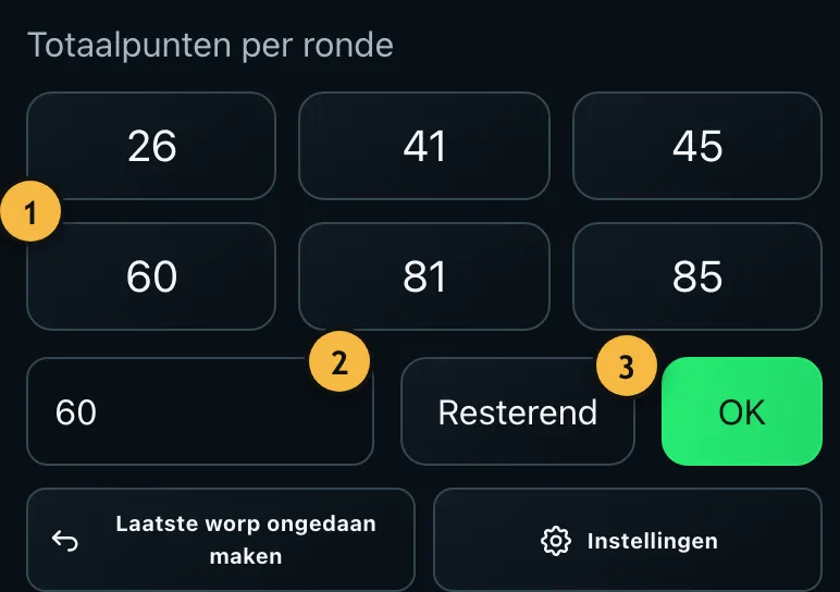 Totaal van de beurt invoeren met invoerveld en zes snelwaarden