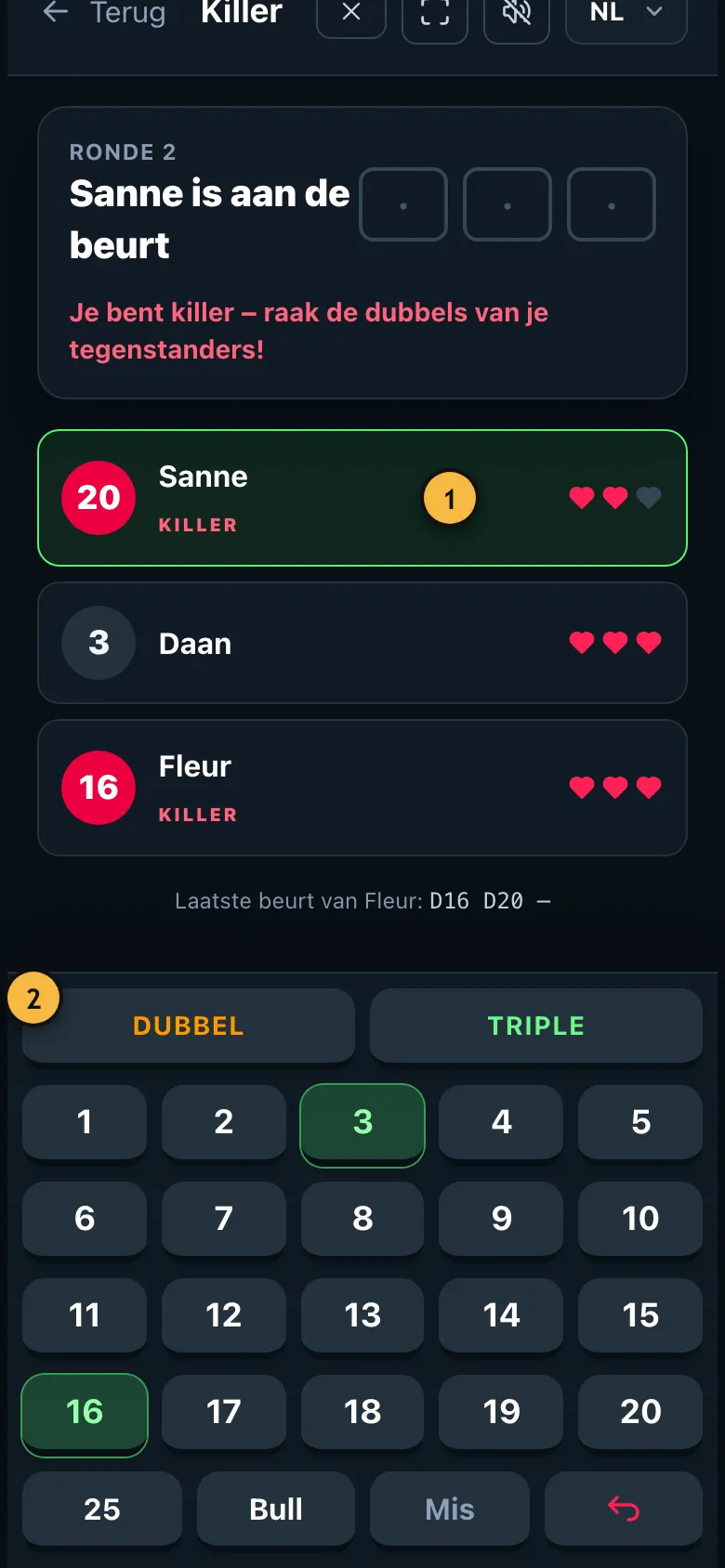 Lopend Killer-spel met de getallen en levens van de spelers