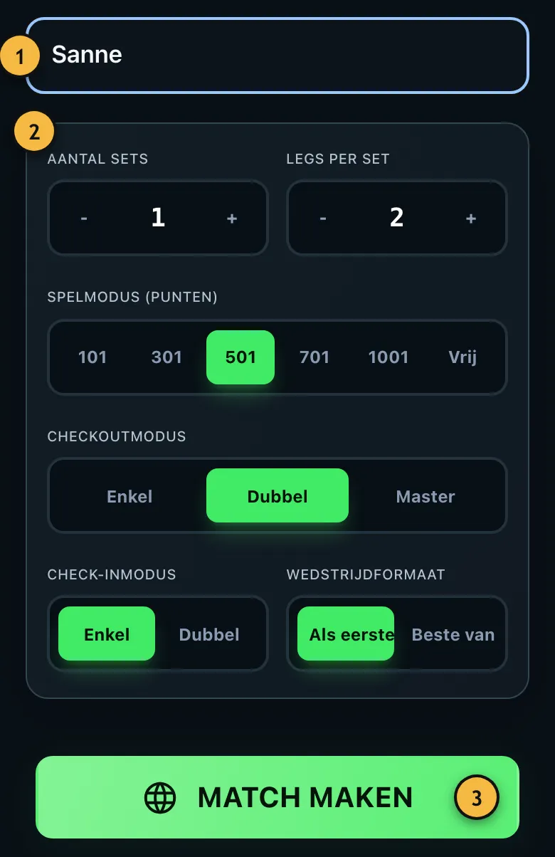 Pagina 'Online spelen' met naamveld, spelinstellingen en de knop 'Match maken'