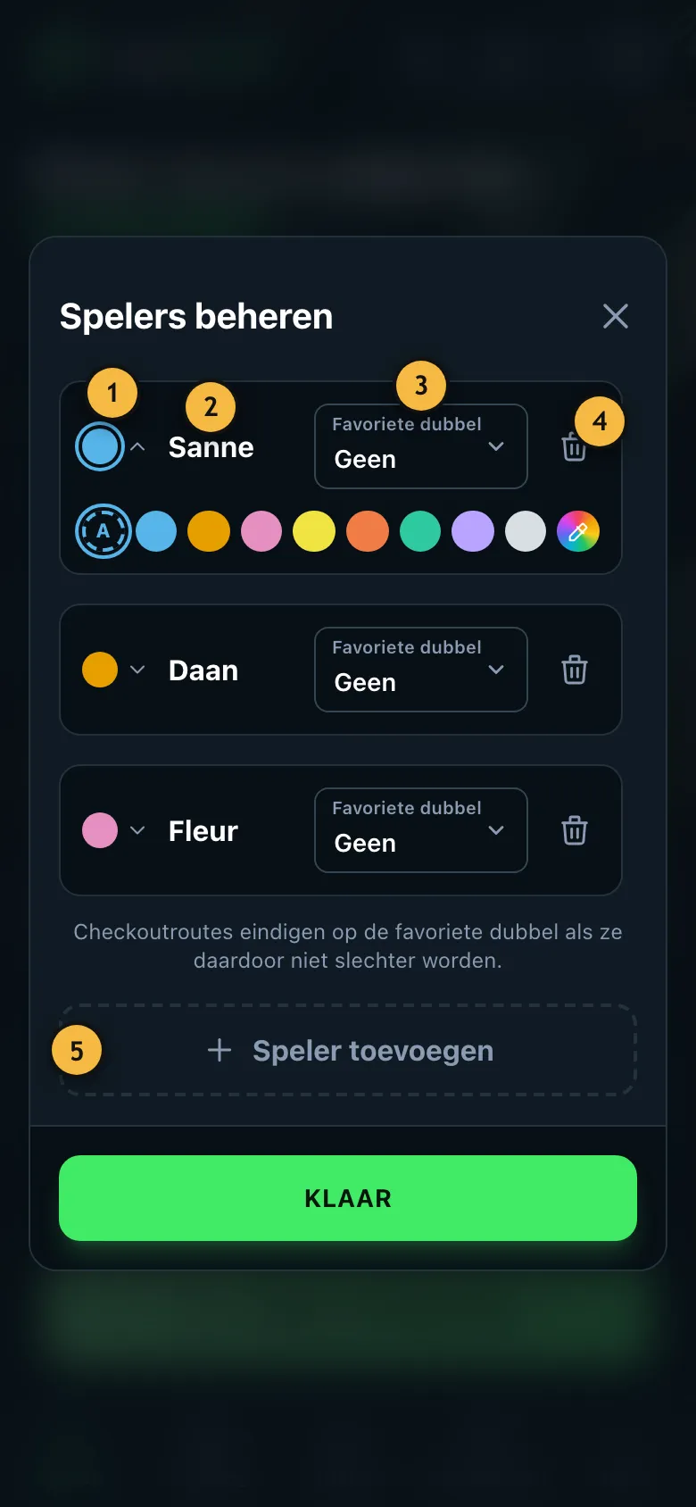Venster om de spelerslijst te bewerken met de namen Sanne, Daan en Fleur