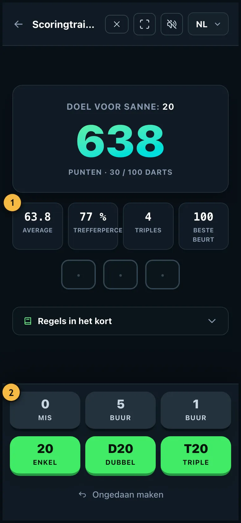 Scoringtraining op de 20 met gemiddelde, trefferpercentage en triples