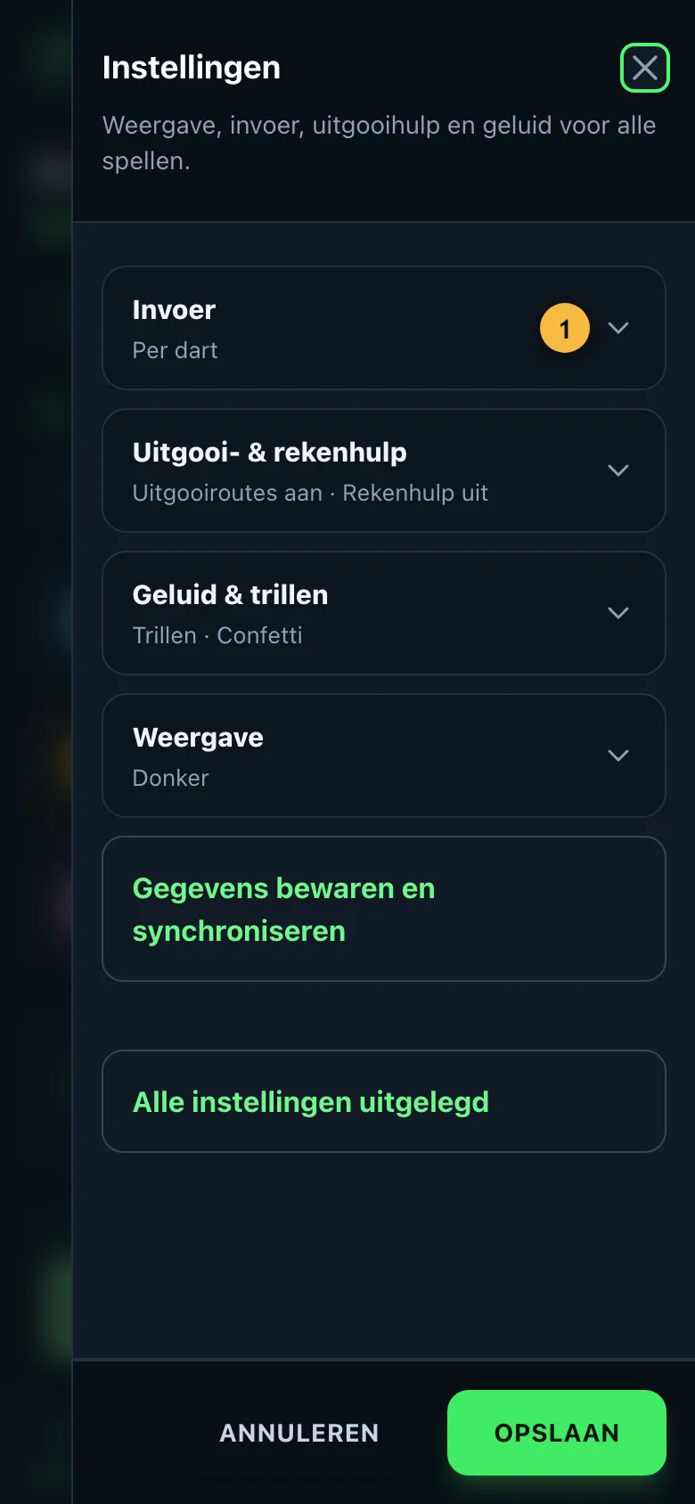 Instellingen met de blokken invoer, uitgooi- en rekenhulp, bot, geluid en trillen, en weergave