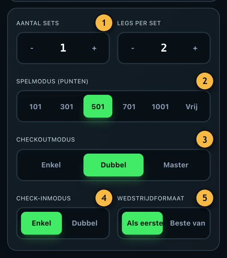 Uitgeklapte spelinstellingen met sets, legs, startwaarde, checkout- en check-inmodus
