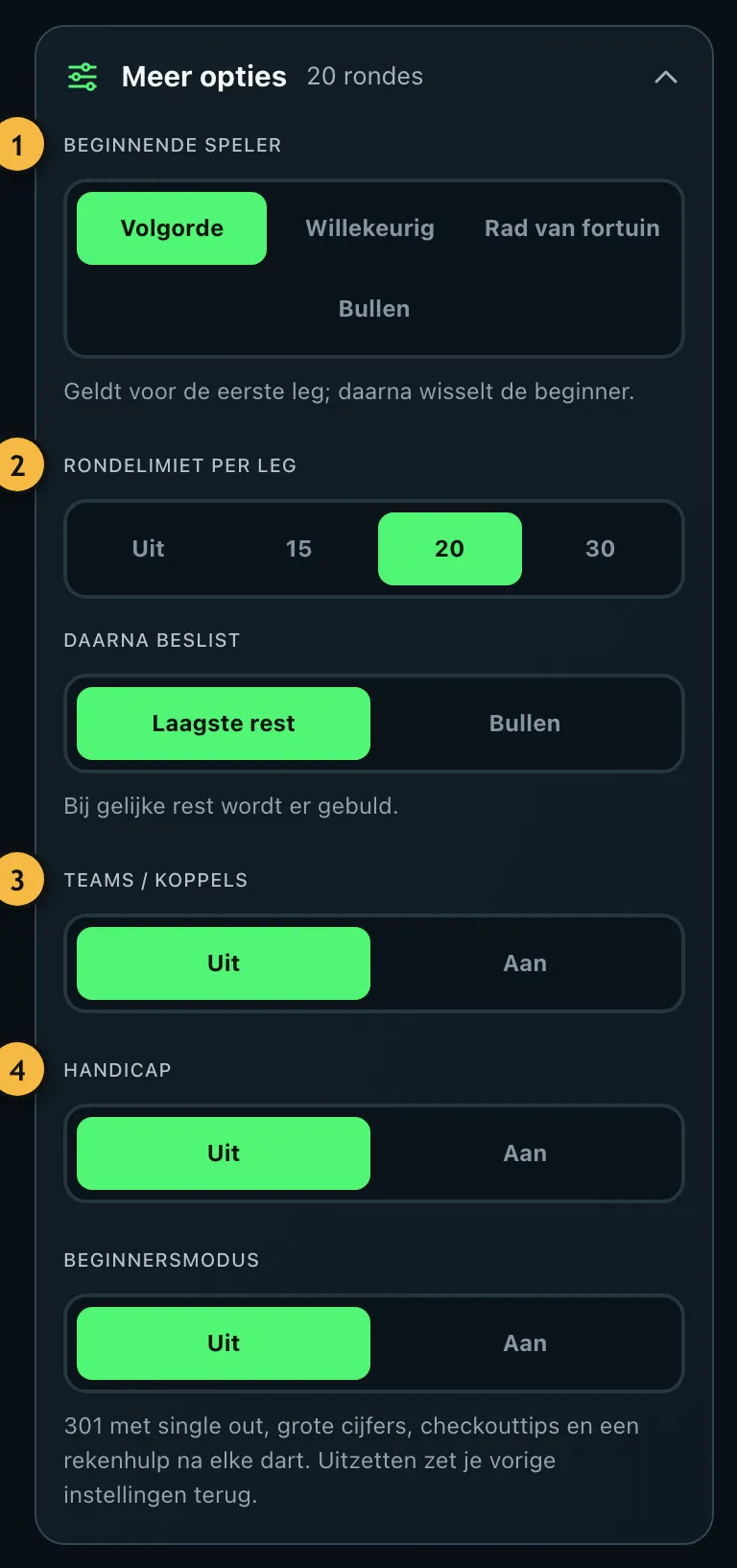 Uitgeklapte meer opties met beginnende speler, rondelimiet, teams, handicap en beginnersmodus