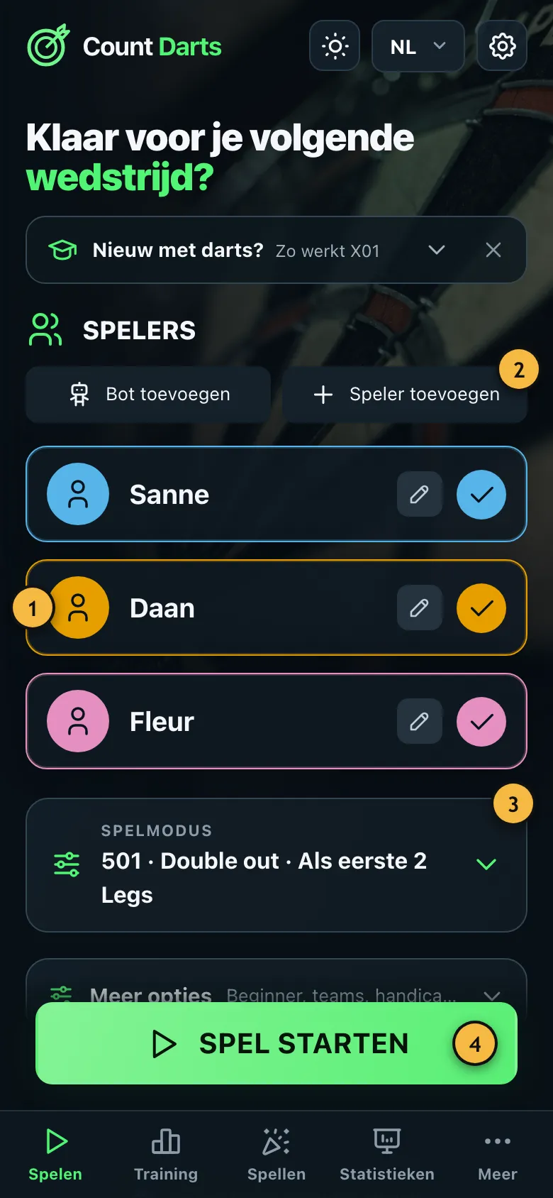 Startpagina met drie spelers, de spelinstellingen en de knop 'Spel starten'